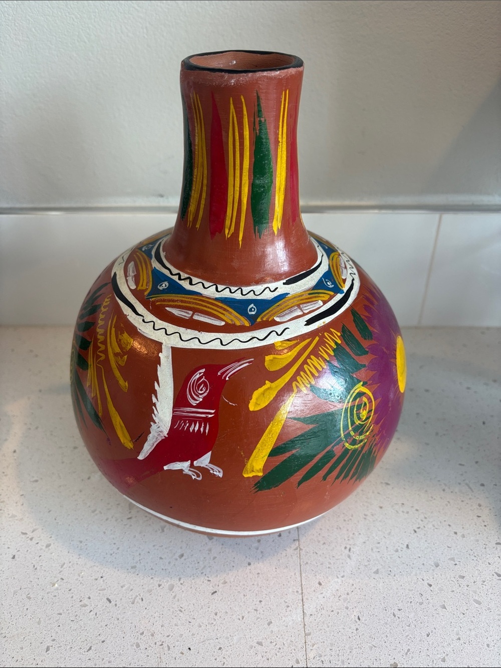 Hand-Painted Terracotta Vase with Folk Bird & Floral Motifs - Red, Yellow, Green